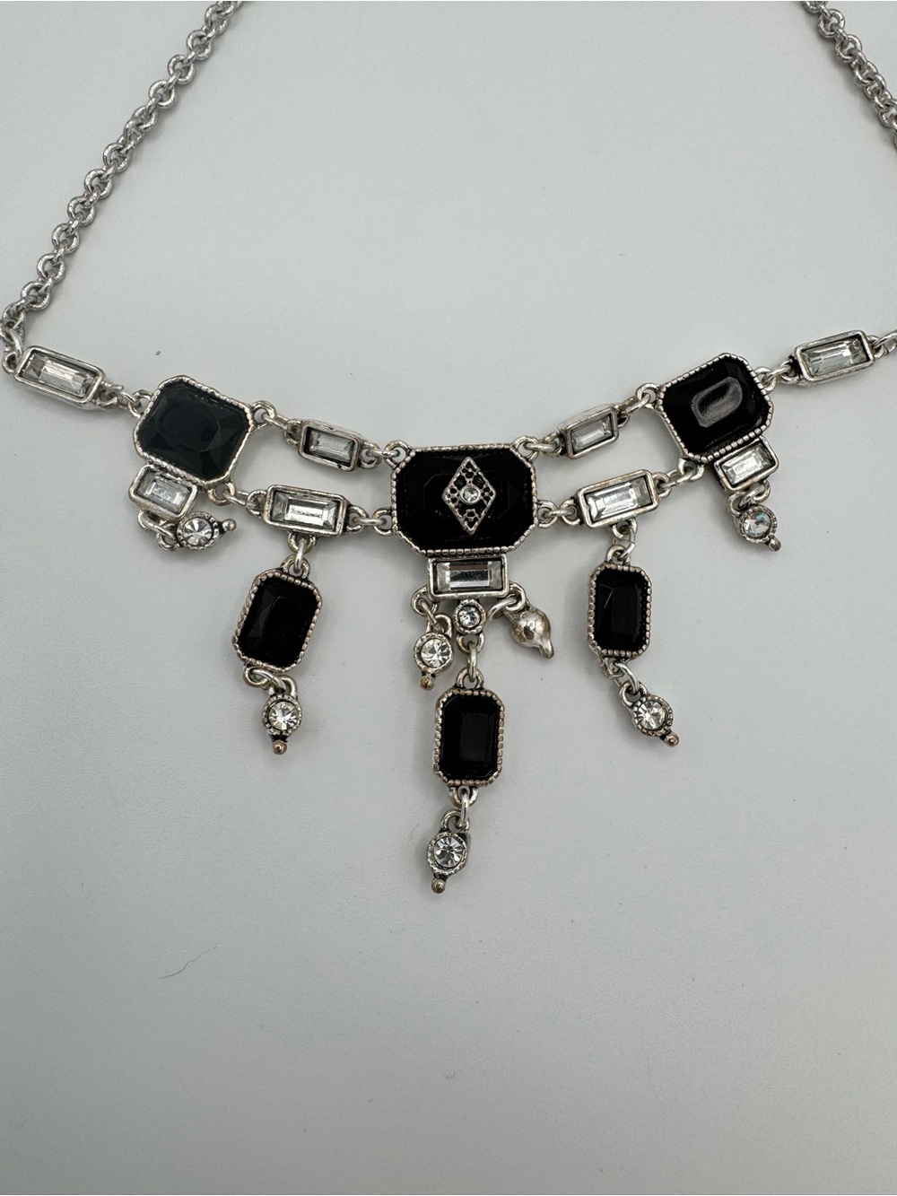 Black Crystal Silver-Frame Dangle Necklace